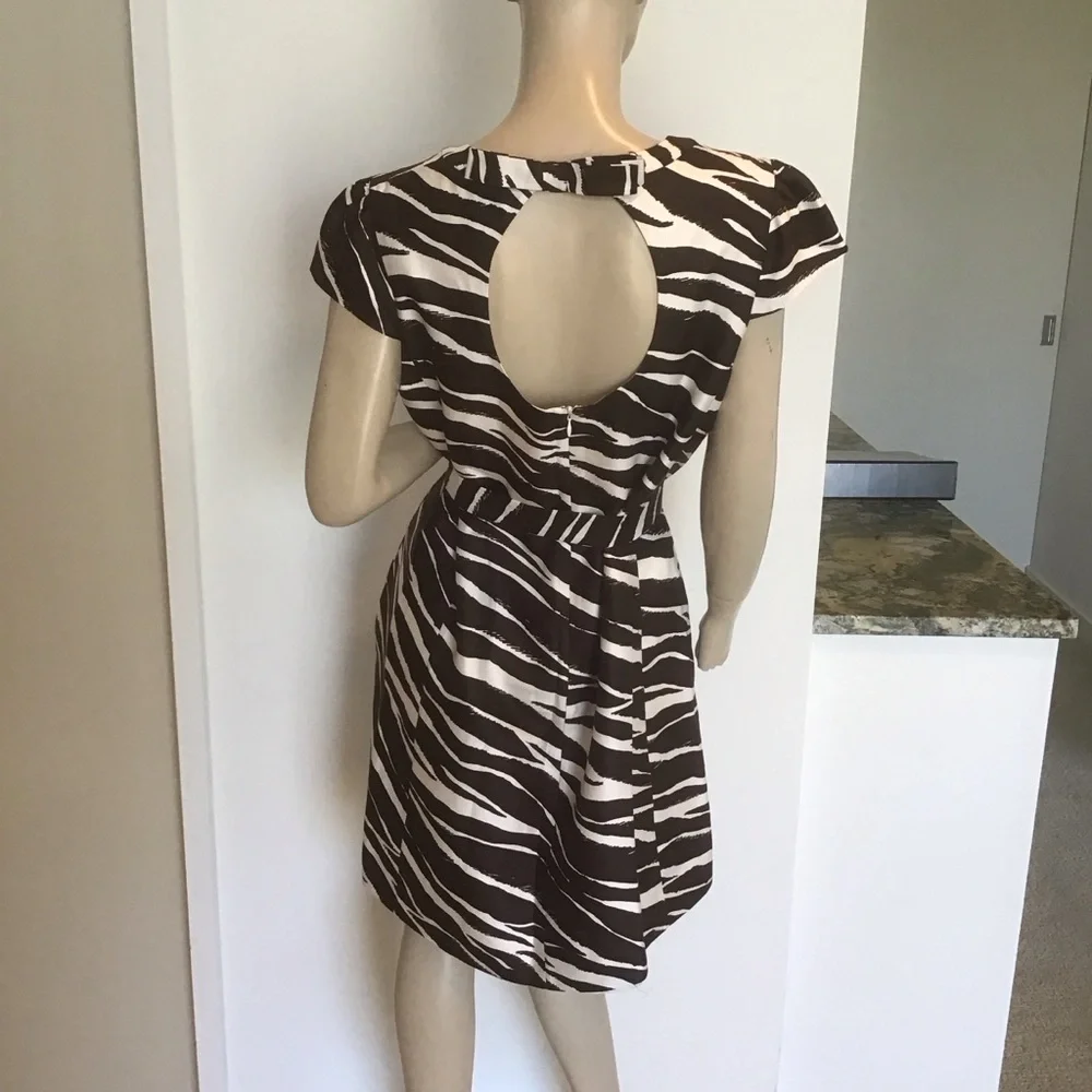 Kate Spade Dorothy Brown White Zebra Animal Print‎ Silk Cutout Shift Dress 8